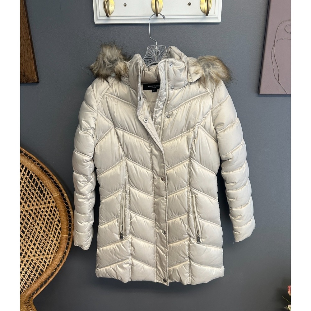 Kenneth Cole Reaction Womens Size S Puffer Coat Jacket Faux Fur Hood Champagne